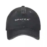 Black baseball cap featuring the SpaceX logo, made from distressed fabric for a vintage look. Perfect for space enthusiasts and casual wear.