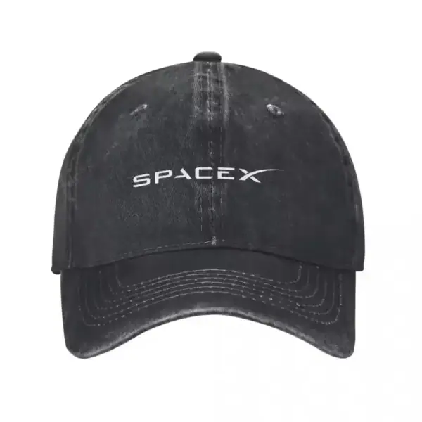Black baseball cap featuring the SpaceX logo, made from distressed fabric for a vintage look. Perfect for space enthusiasts and casual wear.
