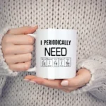White ceramic mug featuring the phrase "I Periodically NEON" with chemical element symbols from the periodic table, perfect for science enthusiasts.