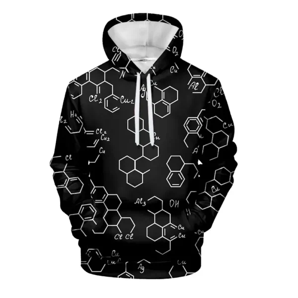 Black hoodie featuring white chemical structures and molecular formulas, perfect for science enthusiasts and students.