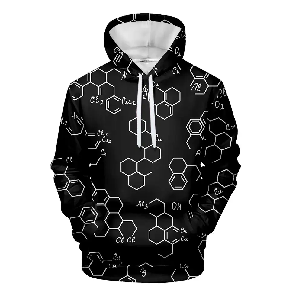 Science Gadgets Hoodie with Chemical Formulas Black hoodie featuring white chemical structures and molecular formulas, perfect for science enthusiasts and students.