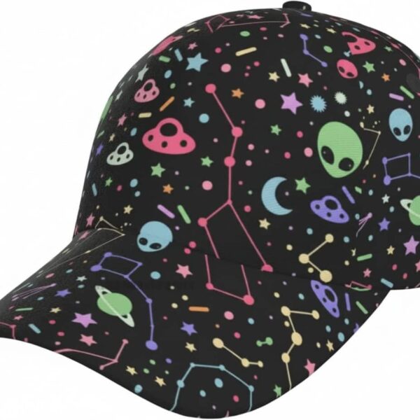 A baseball cap featuring a colorful cosmic space pattern with aliens, planets, stars, moons, and constellations on a black background.