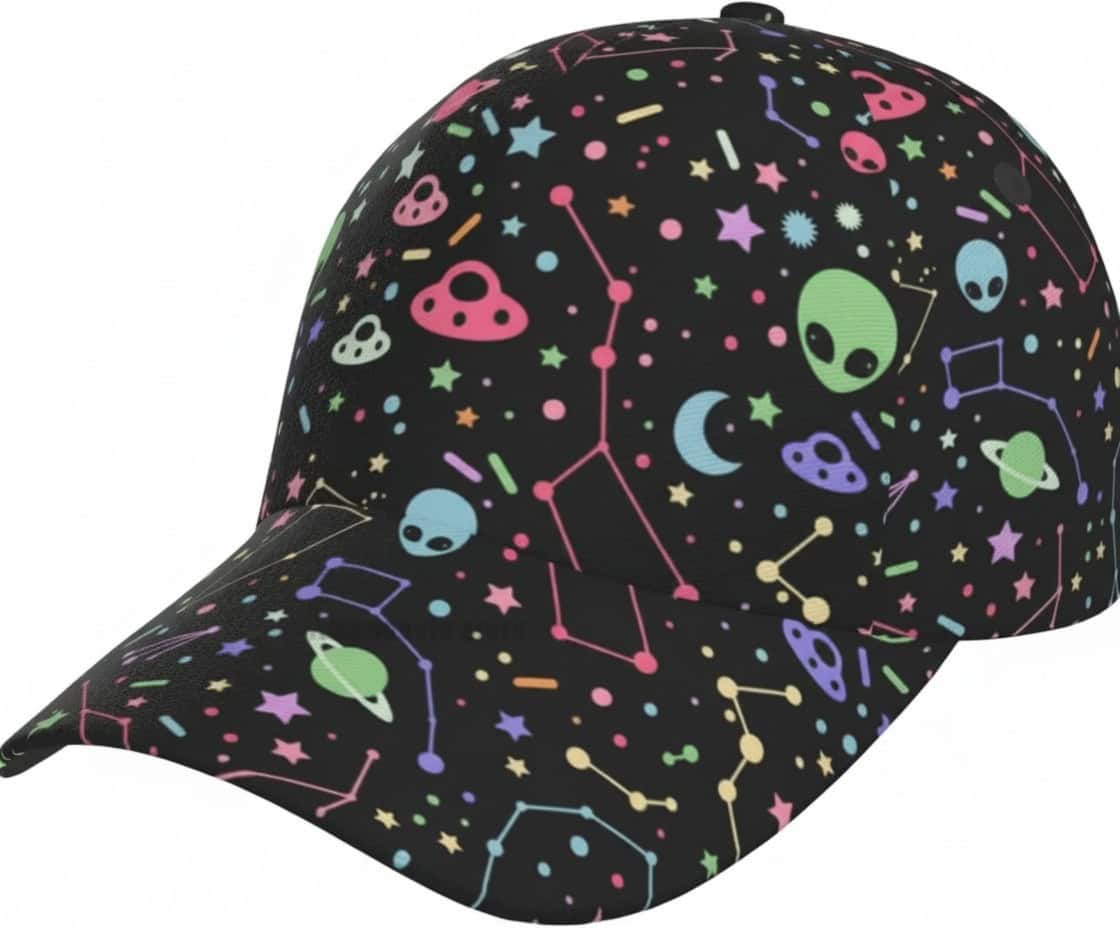 Cosmic Space Pattern Baseball Cap A baseball cap featuring a colorful cosmic space pattern with aliens, planets, stars, moons, and constellations on a black background.