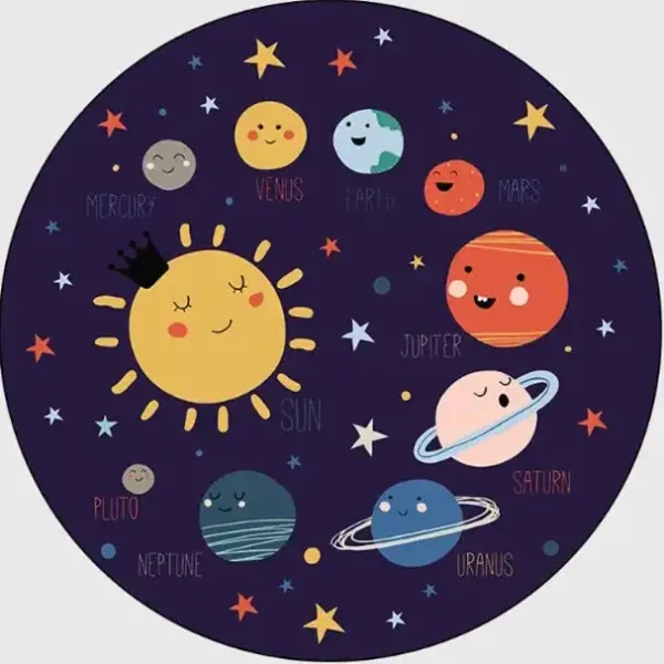 Colorful cartoon solar system wall decor featuring smiling planets and the Sun, perfect for children's bedrooms or classrooms to inspire learning about space.