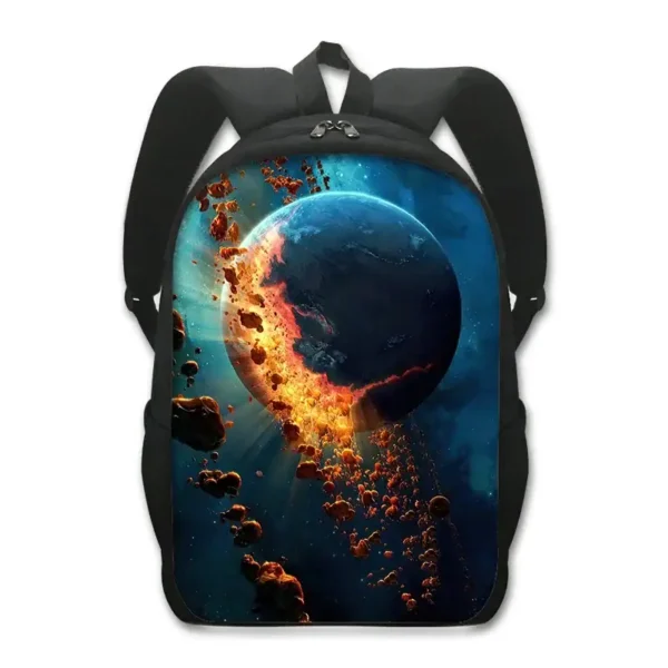 Backpack featuring a vivid illustration of Earth with an asteroid impact scene, showcasing a cosmic and educational design for science enthusiasts.