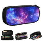 Durable black pencil case featuring a vibrant galaxy space pattern with stars and nebulae, ideal for students and science enthusiasts.