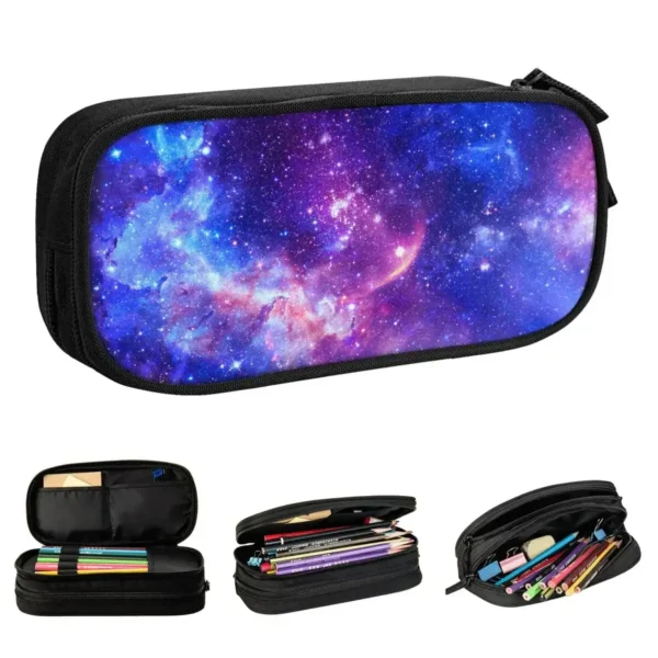 Durable black pencil case featuring a vibrant galaxy space pattern with stars and nebulae, ideal for students and science enthusiasts.