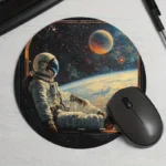 Astronaut in space mouse pad with Earth and stars background, perfect for science and space enthusiasts.
