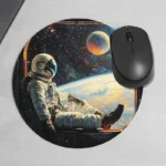 High-quality astronaut-themed mouse pad featuring a space explorer, planets, and galaxy artwork, perfect for science enthusiasts and space lovers.