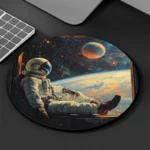 An astronaut relaxing in space with Earth and stars in the background, displayed on a tablet screen, perfect for science decor and educational toys.
