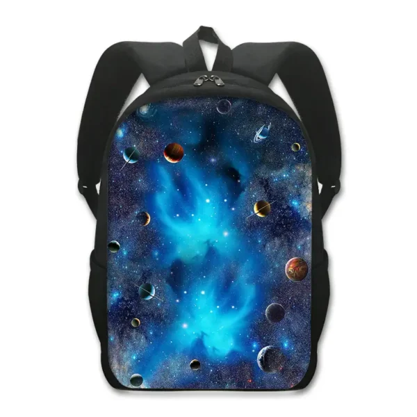 Backpack with galaxy and planets design, perfect for students and space enthusiasts.