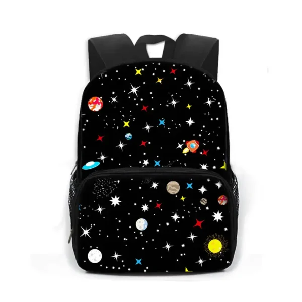 Space-themed kids backpack with planets, stars, and rockets design, perfect for school, travel, and outdoor adventures. Durable, lightweight, and fun for young space enthusiasts.