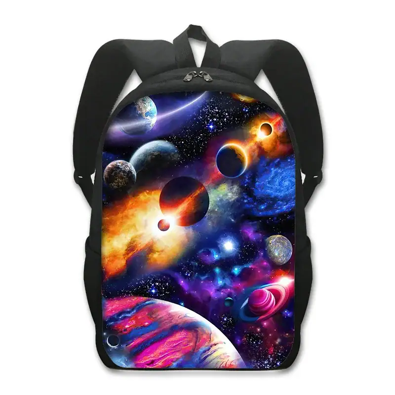 Space Galaxy Backpack for Kids and Teens Colorful space-themed backpack featuring planets, stars, and cosmic nebulae, ideal for students and space enthusiasts.