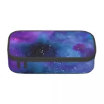 Space-themed galaxy pattern pencil case with vibrant purple, blue, and black colors, featuring a cosmic design with stars.