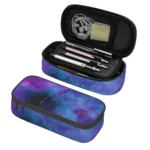 Space-themed pen case with galaxy print, containing four metallic pens and a small notepad, ideal for students and professionals.