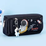 Durable black pencil case featuring space-themed illustrations including an astronaut, rocket, and planets, ideal for students and kids who love space adventures.
