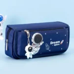 Space-themed pencil case featuring an astronaut and rocket illustrations, with a keychain of a cute astronaut figure attached. Perfect for students and space enthusiasts.