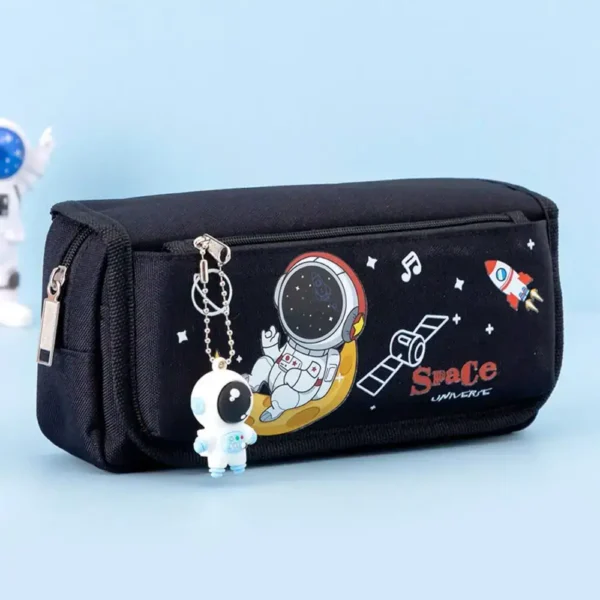 Durable black pencil case featuring space-themed illustrations including an astronaut, rocket, and planets, ideal for students and kids who love space adventures.