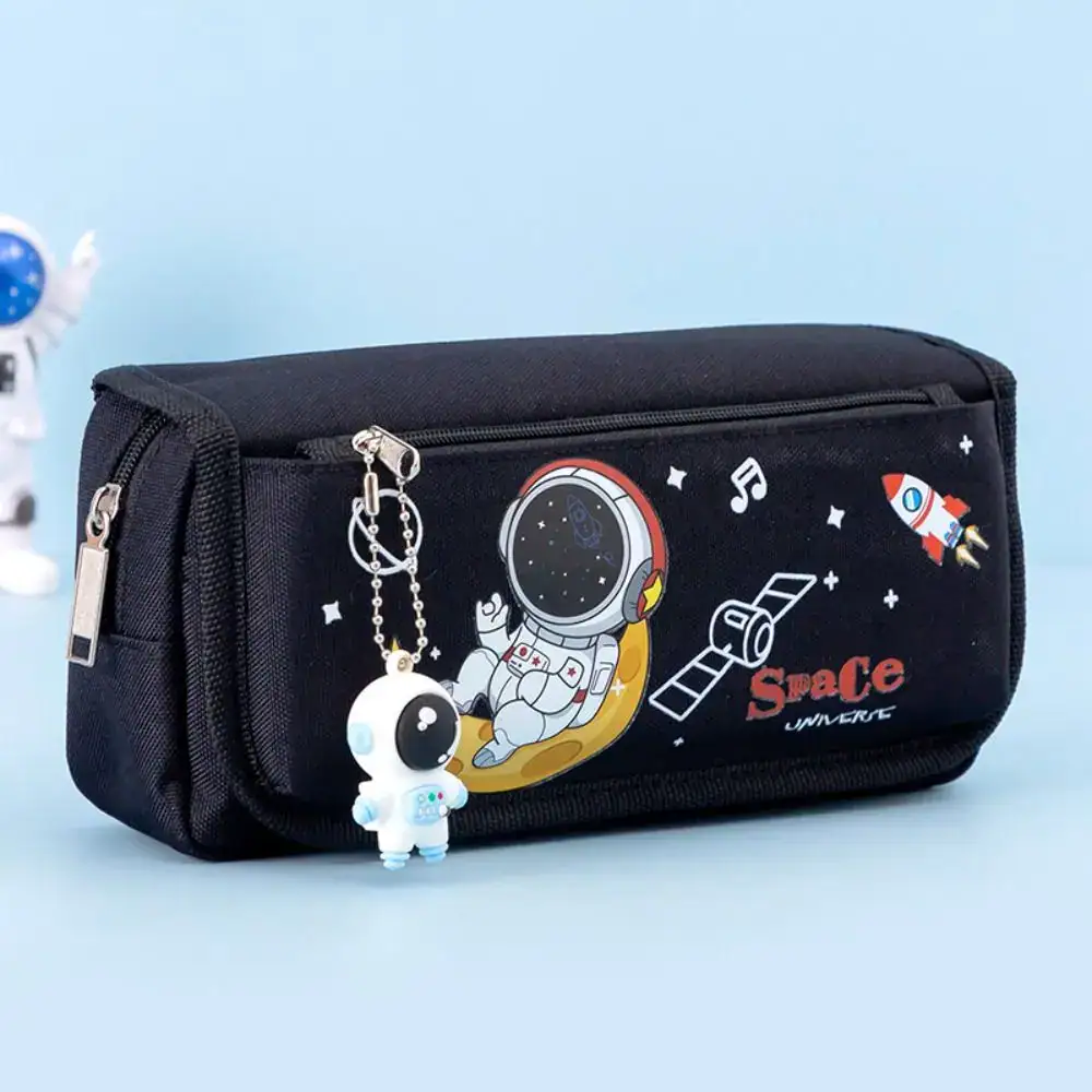 Space Themed Pencil Case for Kids and Students Durable black pencil case featuring space-themed illustrations including an astronaut, rocket, and planets, ideal for students and kids who love space adventures.