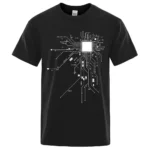 Black T-shirt featuring a white printed microchip circuit design, perfect for tech enthusiasts and electronics lovers.
