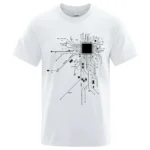 White T-shirt featuring a detailed black microchip circuit design, perfect for tech enthusiasts and electronics lovers.