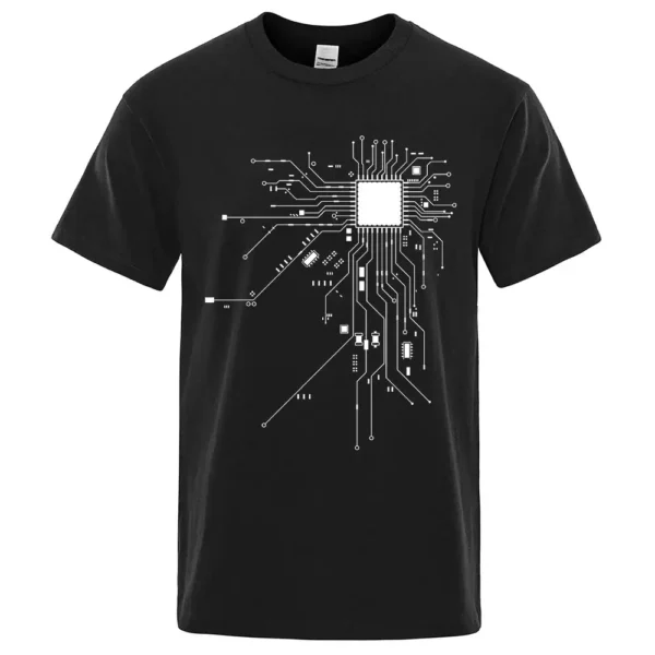 Black T-shirt featuring a white printed microchip circuit design, perfect for tech enthusiasts and electronics lovers.