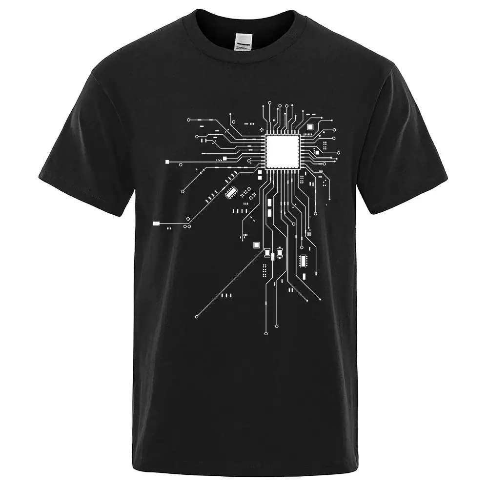 Microchip Circuit Design T-Shirt Black T-shirt featuring a white printed microchip circuit design, perfect for tech enthusiasts and electronics lovers.