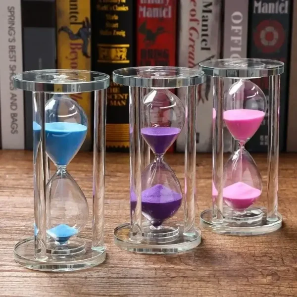 Vibrant hourglasses with blue, purple, and pink sand, perfect for educational decor or as a science gift.