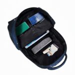 Backpack with various tech gadgets and accessories inside, including a tablet, power bank, and cables, suitable for students or professionals on the go.