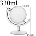 Detailed image of a 330ml glass globe with a metal stand, measuring 14.5cm in height and 4.5cm in diameter, designed for educational and decorative purposes.