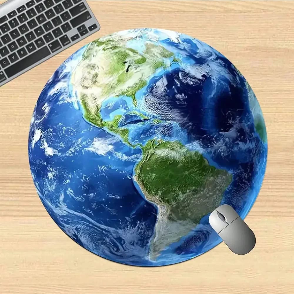 Earth Globe with Computer Mouse and Keyboard on Wooden Desk Realistic Earth globe model with a computer mouse and keyboard on a wooden desk, illustrating global technology and education themes.