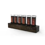 Nixie tube clock displaying the time with vintage-style glowing numerals.