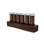 Modern digital clock with vintage nixie tube design, showcasing illuminated numbers on a wooden base, perfect for science decor and educational purposes.