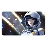 Illustration of a female astronaut in a high-tech space helmet with a cosmic background featuring stars and nebulae.