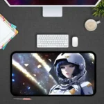 A futuristic digital illustration of a female astronaut in a space helmet, set against a backdrop of stars and cosmic phenomena.