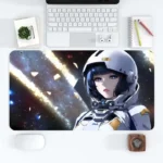 Astronaut girl illustration on a desk mat with space background, perfect for science-themed decor and educational purposes.