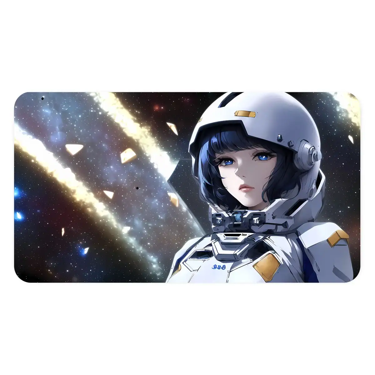 Space Explorer in Futuristic Helmet Illustration of a female astronaut in a high-tech space helmet with a cosmic background featuring stars and nebulae.