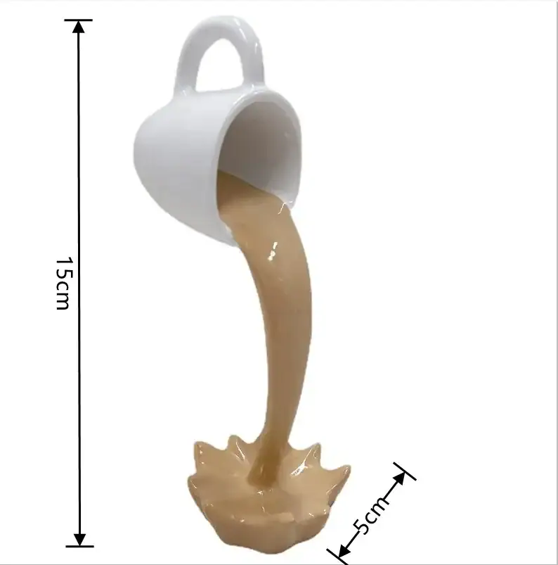 Coffee Mug Pouring Liquid Toy White ceramic coffee mug toy pouring a brown liquid into a splash-shaped container, measuring 15cm in height and 5cm in width, designed for educational and decorative purposes.