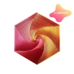 Colorful red and gold hexagonal spiral geometric puzzle made of interlocking wooden pieces, showcasing intricate design and vibrant hues.