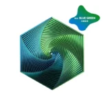 Colorful blue and green hexagonal spiral geometric toy for educational and decorative purposes, showcasing intricate design and vibrant hues.