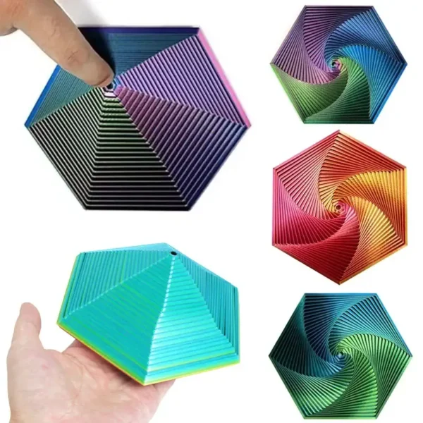 Brightly colored geometric spiral puzzle toy with interlocking pieces for educational use and modern decor.