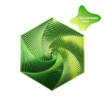 A vibrant yellow-green hexagonal geometric decor piece featuring a mesmerizing spiral pattern, perfect for science-themed decor or educational displays.