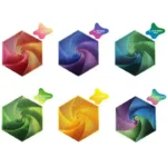Set of six vibrant, colorful geometric spiral puzzles in red, blue, green, yellow, purple, and pink, designed for educational and decorative purposes.