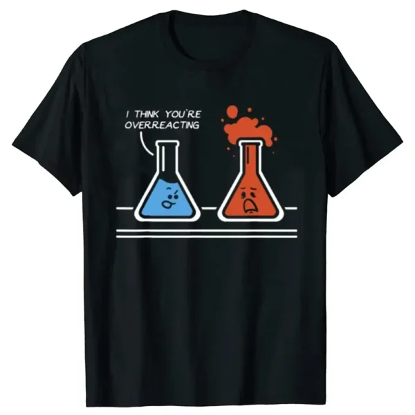 Funny science-themed T-shirt featuring a blue and red beaker with humorous expressions and a playful caption. Perfect for science enthusiasts and educators.
