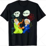 Fun science-themed T-shirt featuring cartoon Einstein and an elderly scientist engaging in a playful physics duel, with mathematical and atomic symbols in the background.