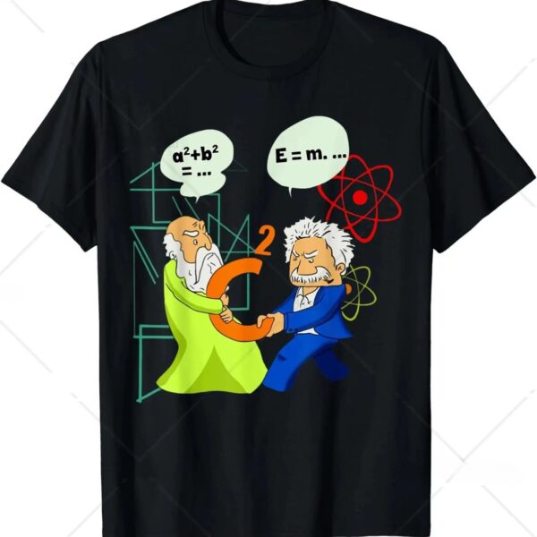 Fun science-themed T-shirt featuring cartoon Einstein and an elderly scientist engaging in a playful physics duel, with mathematical and atomic symbols in the background.