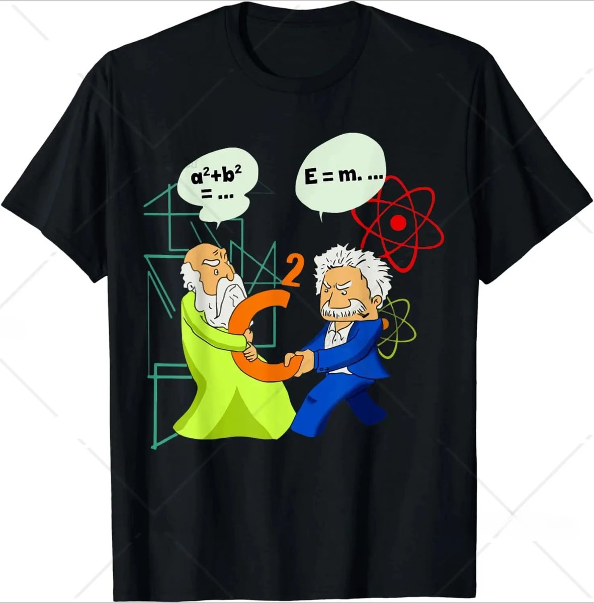 Quantum Physics T-Shirt with Einstein and Old Scientist Illustration Fun science-themed T-shirt featuring cartoon Einstein and an elderly scientist engaging in a playful physics duel, with mathematical and atomic symbols in the background.