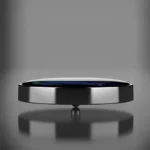 Futuristic magnetic levitation device floating above a reflective surface.