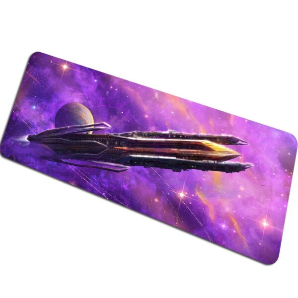 Futuristic spaceship flying through a vibrant galaxy with stars and planets in the background.