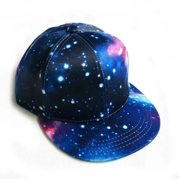 Galaxy space pattern snapback hat with cosmic starry sky design.